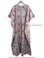 Indian White Nightwear Long Floral Print Cotton Hippie Maxi Women Caftan Dress