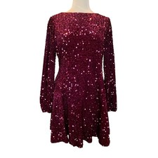 Cato Limited Edition Sequin Dress Large Burgundy Wine Long Sleeve Fit Flare