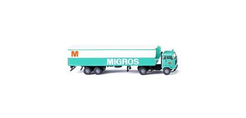 Semirremolque refrigerado Wiking 054301 calibre HO (Volvo F89) "Migros" | Zustand: New