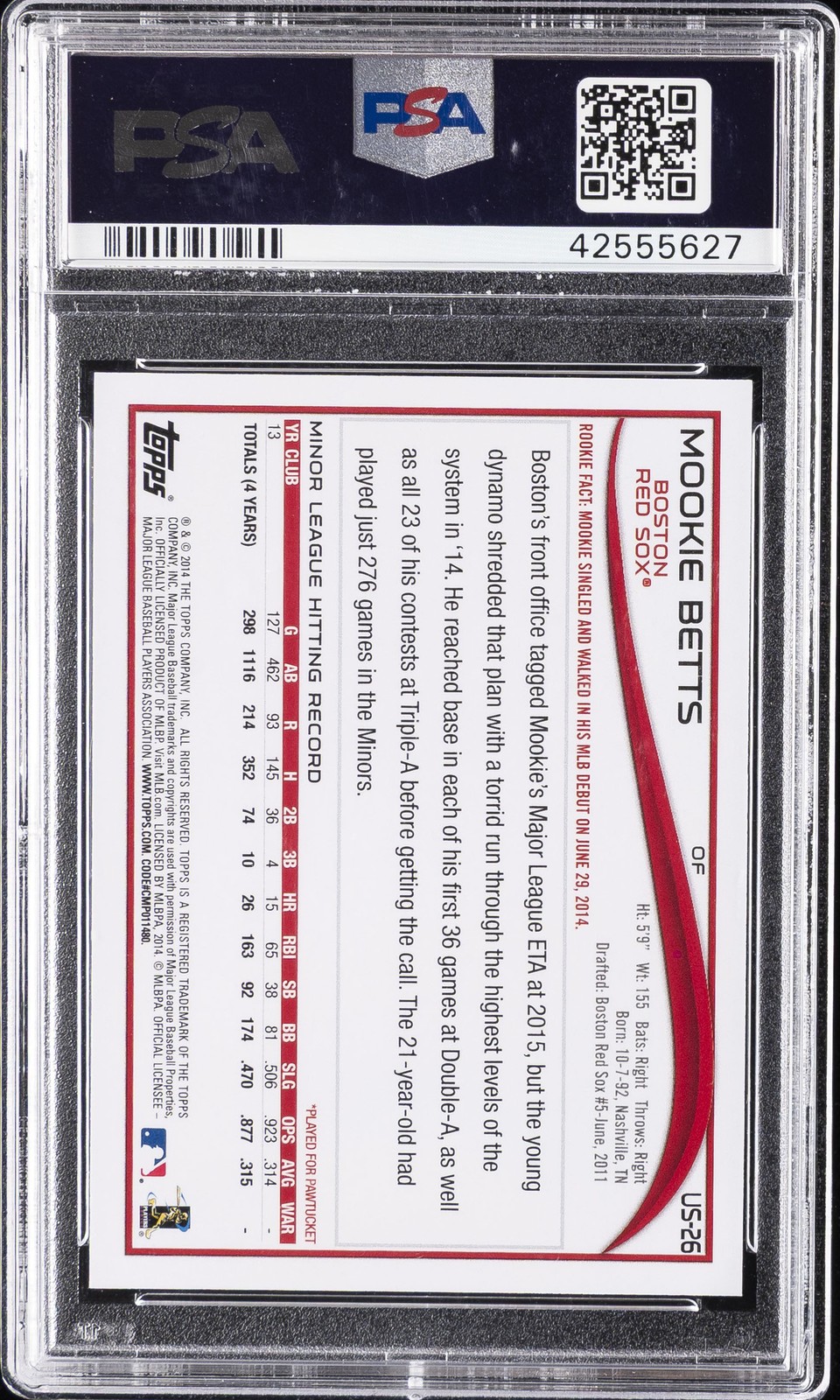 2014 TOPPS UPDATE #US26 MOOKIE BETTS ROOKIE (RC) PSA 10 view 2