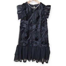 Black Cocktail Shift Dress Textured Chiffon Flutter Sleeves Womens Medium Pearl