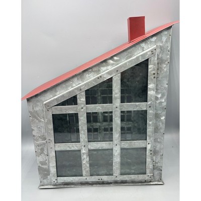 Galvanized Metal House Lantern Red Roof Chimney Window Panes Rustic Farmhouse