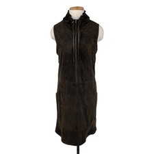 Elie Tahari Kid Suede Dress Sleeveless Zip Front Drawstring Collar S/M