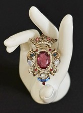 MOONSTONE ALFRED PHILIPPE TRIFARI STERLING CROWN SHIELD HERALDIC CREST BROOCH