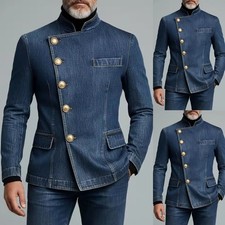 Denim Suits for Men High Quality Single Breasted Regular Length 2 Piece Jacket