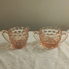 Jeanette Cubist Pattern Pink 30s Depression Glass Cream Creamer & Sugar Set