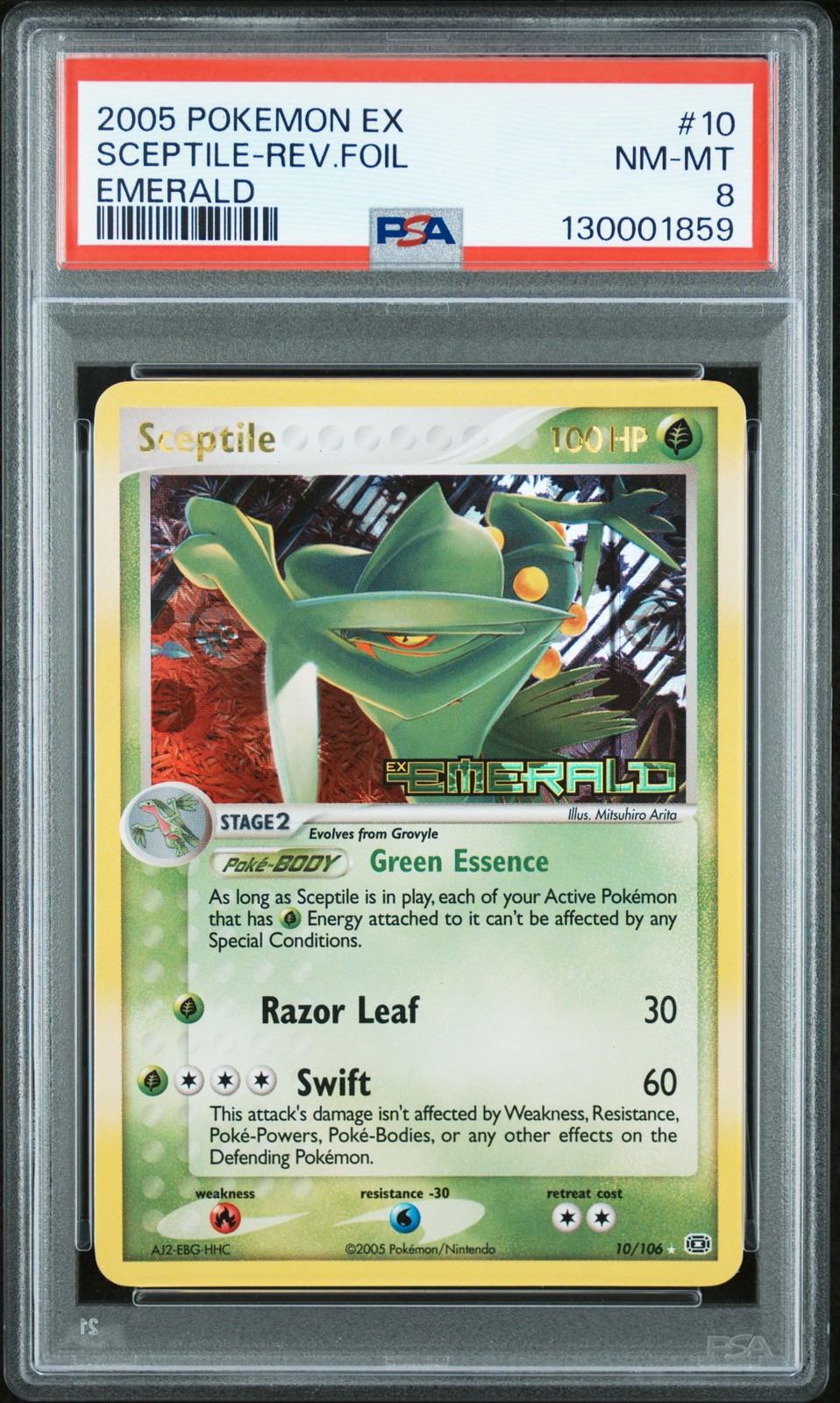2005 POKEMON EX EMERALD #10 SCEPTILE-REVERSE FOIL PSA 8