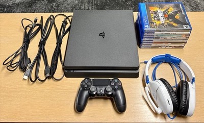 Sony PlayStation 4 Slim 500GB Home Console Black Remote Cables Headset 8 Games