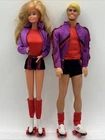 Vintage 1980 Set Of Roller Skating Barbie And Ken Dolls Purple Red Outfits