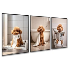 3Pcs Funny Bathroom Canvas Wall Art Goldendoodle Reading Newspaper Poodle on ...