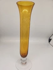 Bud Vase Glass Topaz Amber Etched Tall Flower Wheat Dot Pedestal Small Vtg 8"