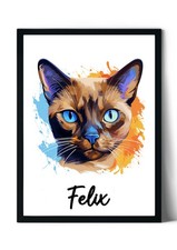 Personalised Burmese cat Watercolour Pet Portrait Painting Wall Art A4 Print