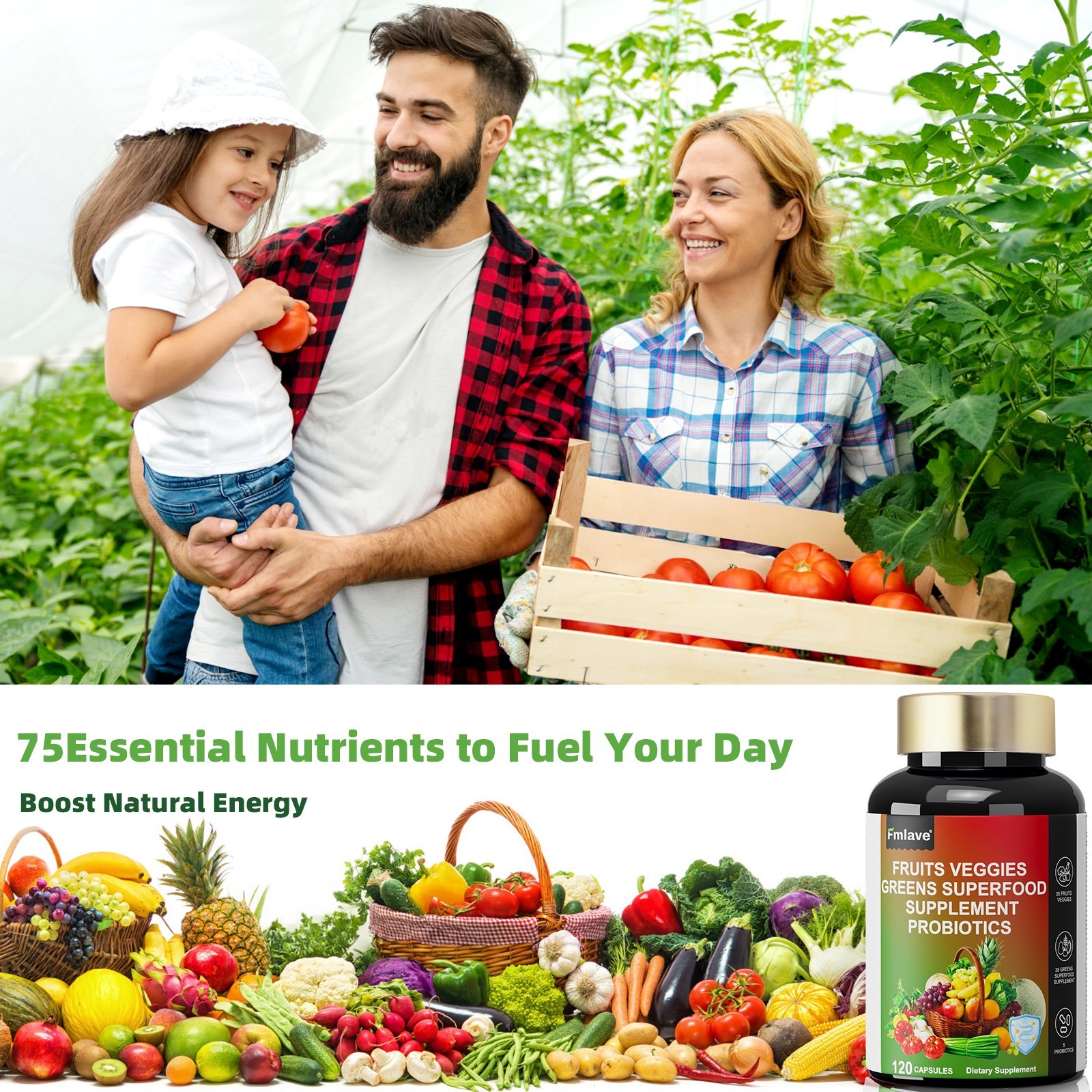 2 pack Fruits & Veggies Supplement 70 Fruits/Veggies Enzymes Probiotics 240 caps