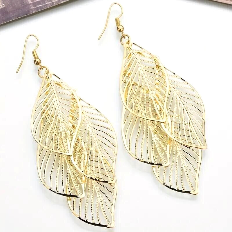 Retro Boho Golden Multi-layer Hollow Leaf Pendant Earrings Jewelry Women Gift-3E