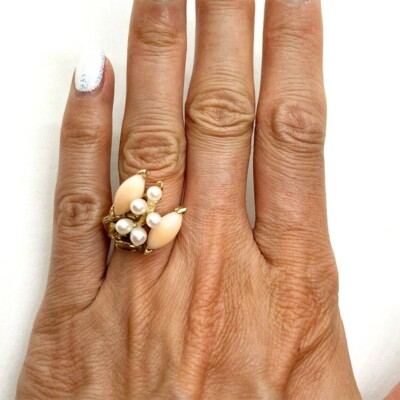 Vintage 14k yellow gold ring angel skin pink coral rice pearl organic  floral