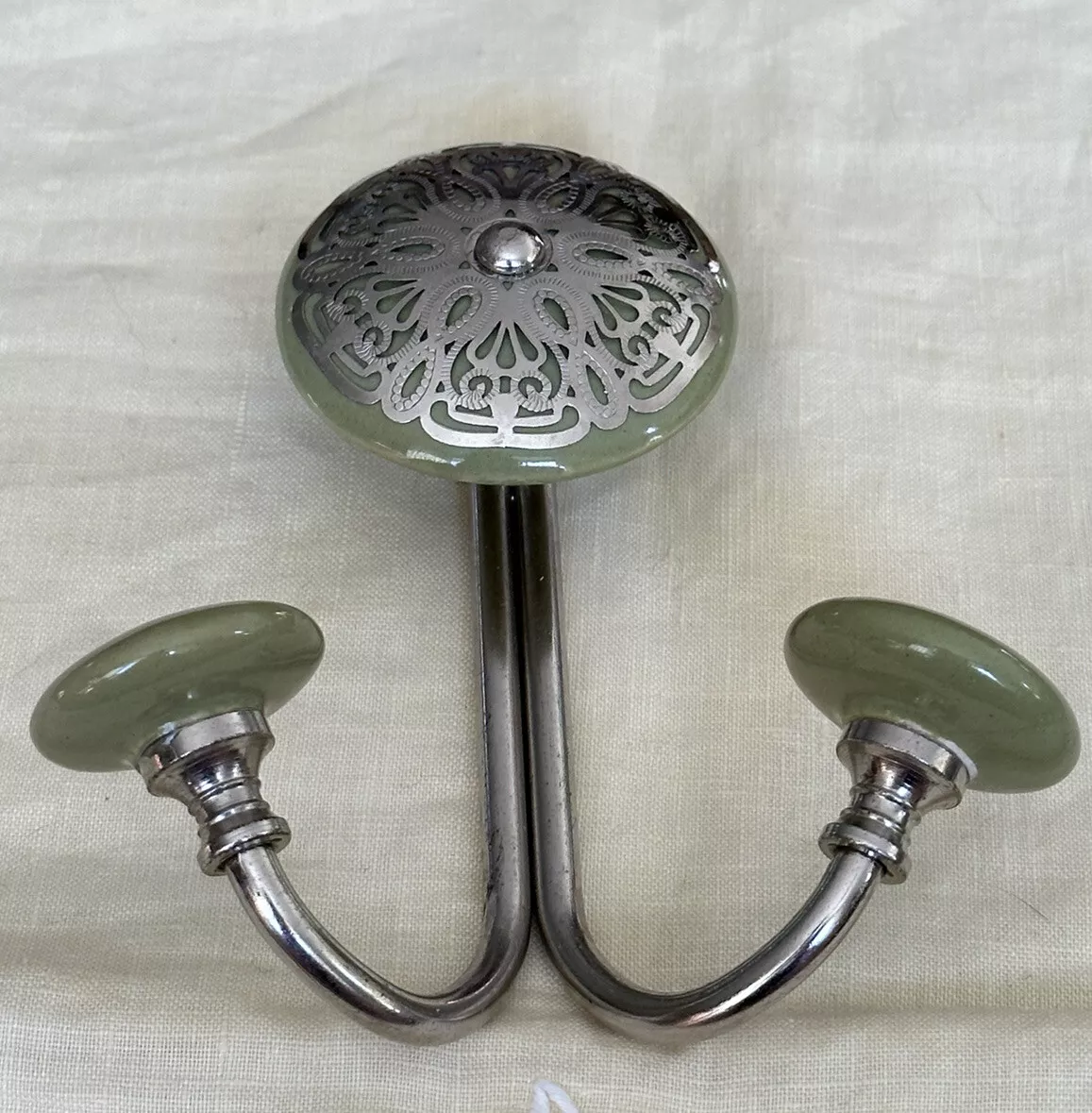 Green Wall Mount Double Hook Ceramic Coat Hook Round Tips Silver Filigree