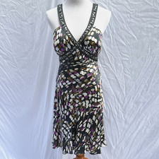 Vtg Nina Austin Silk Halter Dress M Multicolor Beaded Crystals Y2K Retro Prom