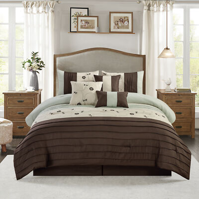 Comforter Set King, Queen Size 7 PC Embroidered Bedspread Shams, Bedskirt - Luna