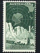 1959 Australia MNH 1/- AAT Stamp - Dog Sled Huskies Team and Antarctic Map issue