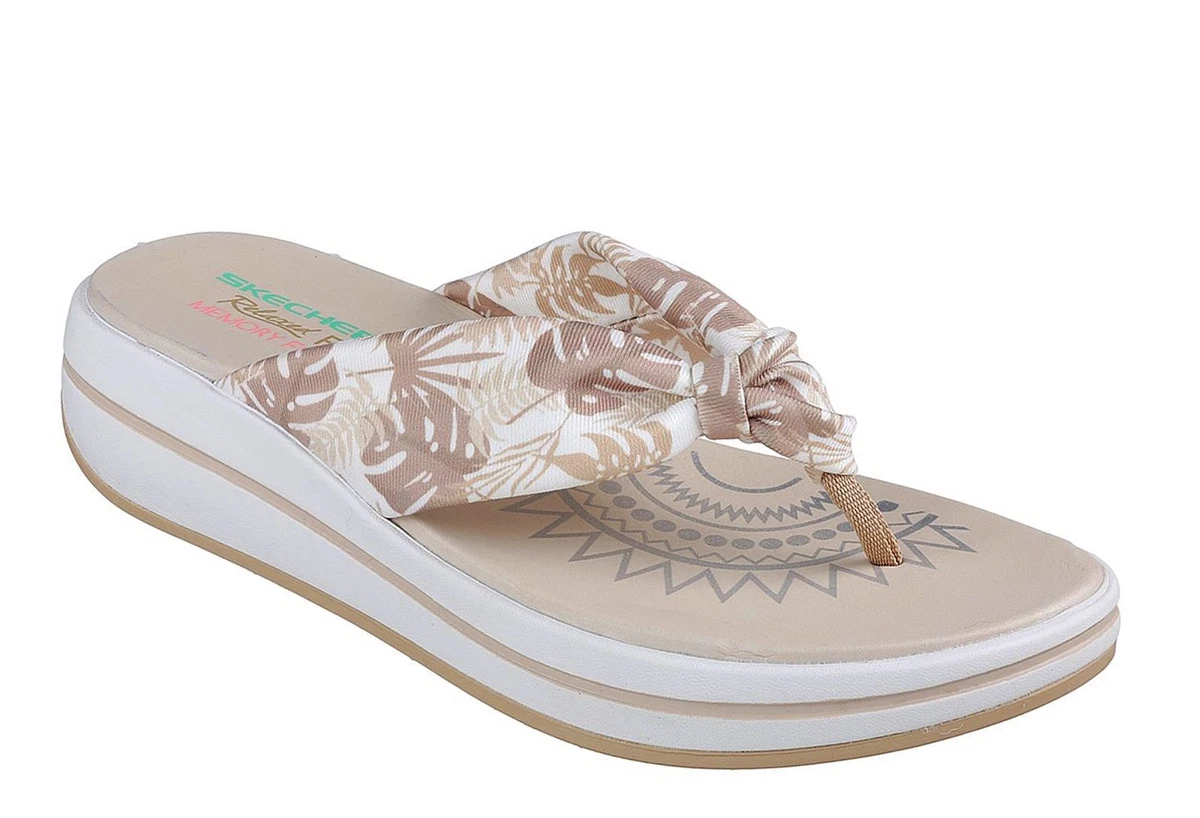 Skechers NEW Upgrades Pac Islands beige floral wedge sandals flip