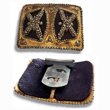 Victorian Steel Cut Brass Ornate Sash Buckle Clip France Leather Backed