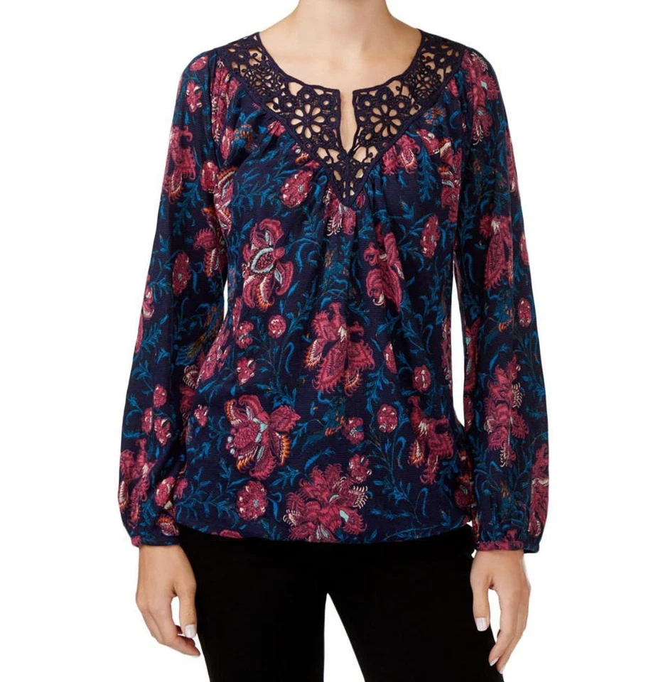 Nuevo top campesino a ganchillo estampado floral Katie mediano rosa azul marino Lucky Brand para mujer