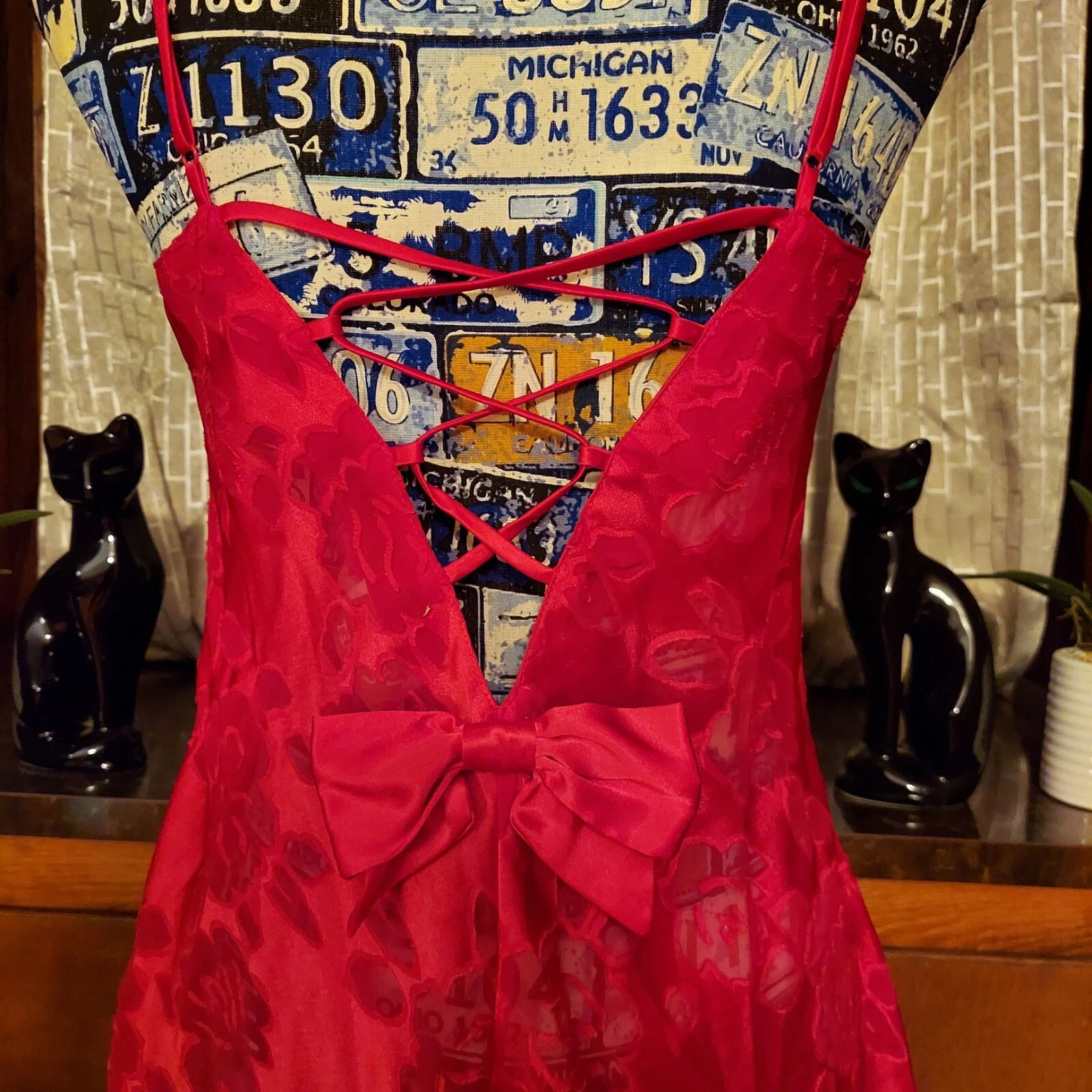 VALENTINO Abito slip vintage Victoria's Secret G Label rosso floreale con cinturini fiocco posteriore taglia S