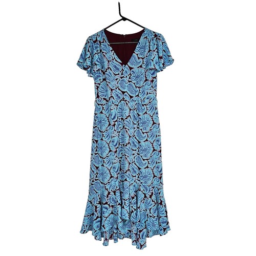 j crew blue paisley dress J.Crew Sz 0 Silky Print Stretch Waist Long Sleeve Hi Low Hem Mini dress