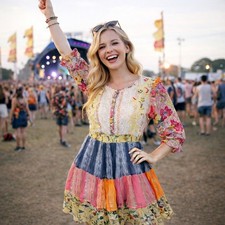 Patchwork Eyelet Beaded Floral Tiered Ruffle Dress Large Pink Yellow Colorful