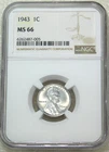 1943 P Lincoln Steel Cent NGC MS66 Very Bright Luster Just Graded #R302P