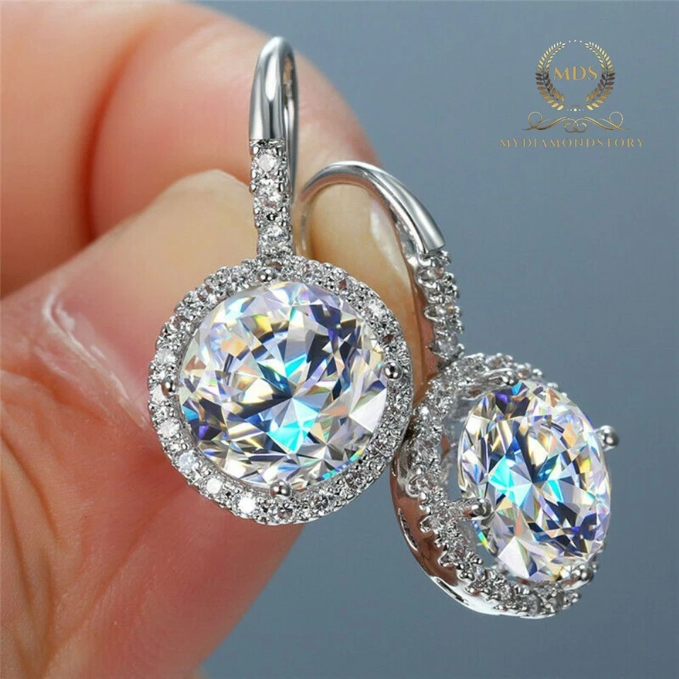 Solid 14K White Gold Moissanite Drop/Dangle Wedding Earrings 2.80 CT Round Cut - Image 4 of 4