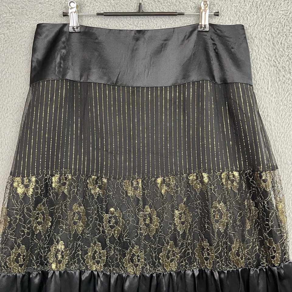 Falda Midi Jeremy Spencer Talla 10 Combo de Seda Medios Mixtos en Niveles Negra Dorada Artística Foto 3 de 4