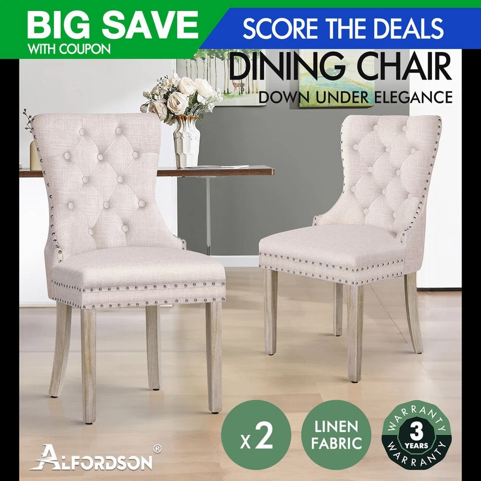 ALFORDSON 2x Dining Chairs Kitchen Lounge Padded Diamond Tufted Fabric Beige