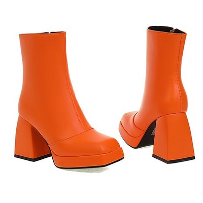Women Ankle Boots High Chunky Heel Square Toe Punk Gogo Boots Platform Shoes