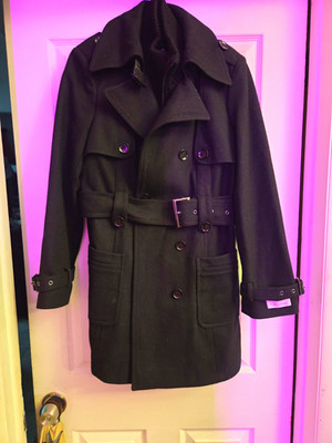 Calvin Klein Double Breasted Wool Blend Pea Coat Women's 10 Black with Belt.