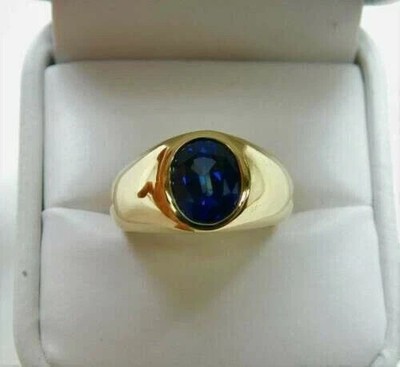 3Ct Lab Created Blue Sapphire Diamond Solitaire Mens Ring 14K Yellow Gold Over