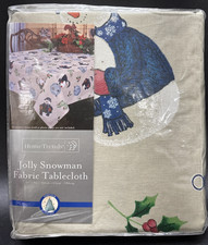NIP 60 x 84 Christmas Jolly Snowman Fabric Tablecloth Oblong Cotton New  Sealed
