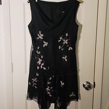 Vintage Silk Y2K 2 Pcs Set. Black Chiffon W/reinstone Ribbon Bows. Sz 12