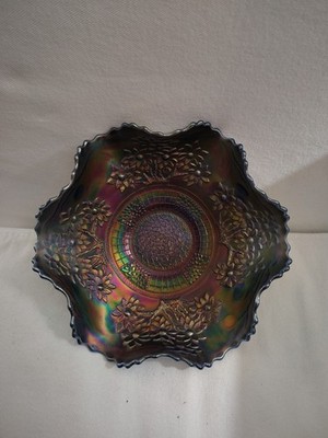 Vintage FENTON Orange Tree 8-1/2 inch Ruffled  Peacock  Carnival Glass Blue Bowl