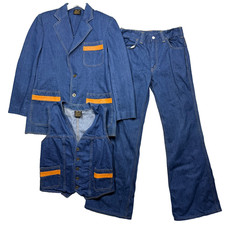 Vintage Sears Jeans Joint Denim Suit Men 38R Jacket 32L Pant Flare USA 3 Piece