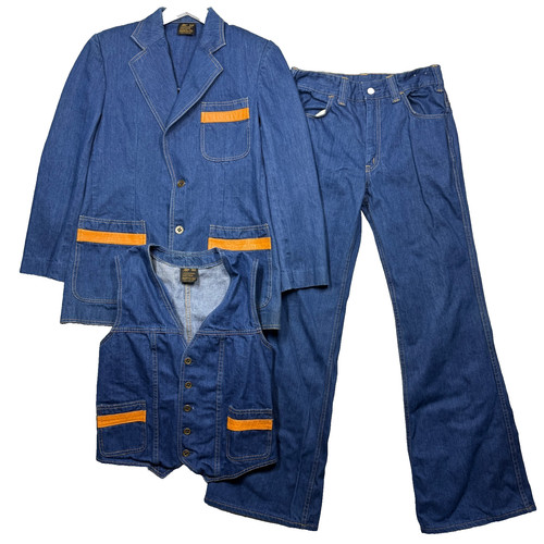 Vintage Sears Jeans Joint Denim Suit Men 38R Jacket 32L Pant Flare USA 3 Piece