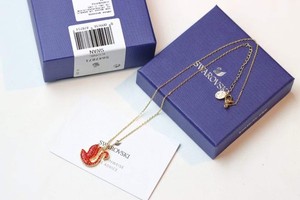 Authentic Swarovski Iconic Swan Gold Plated Red Crystal Pendant Necklace w/ Box