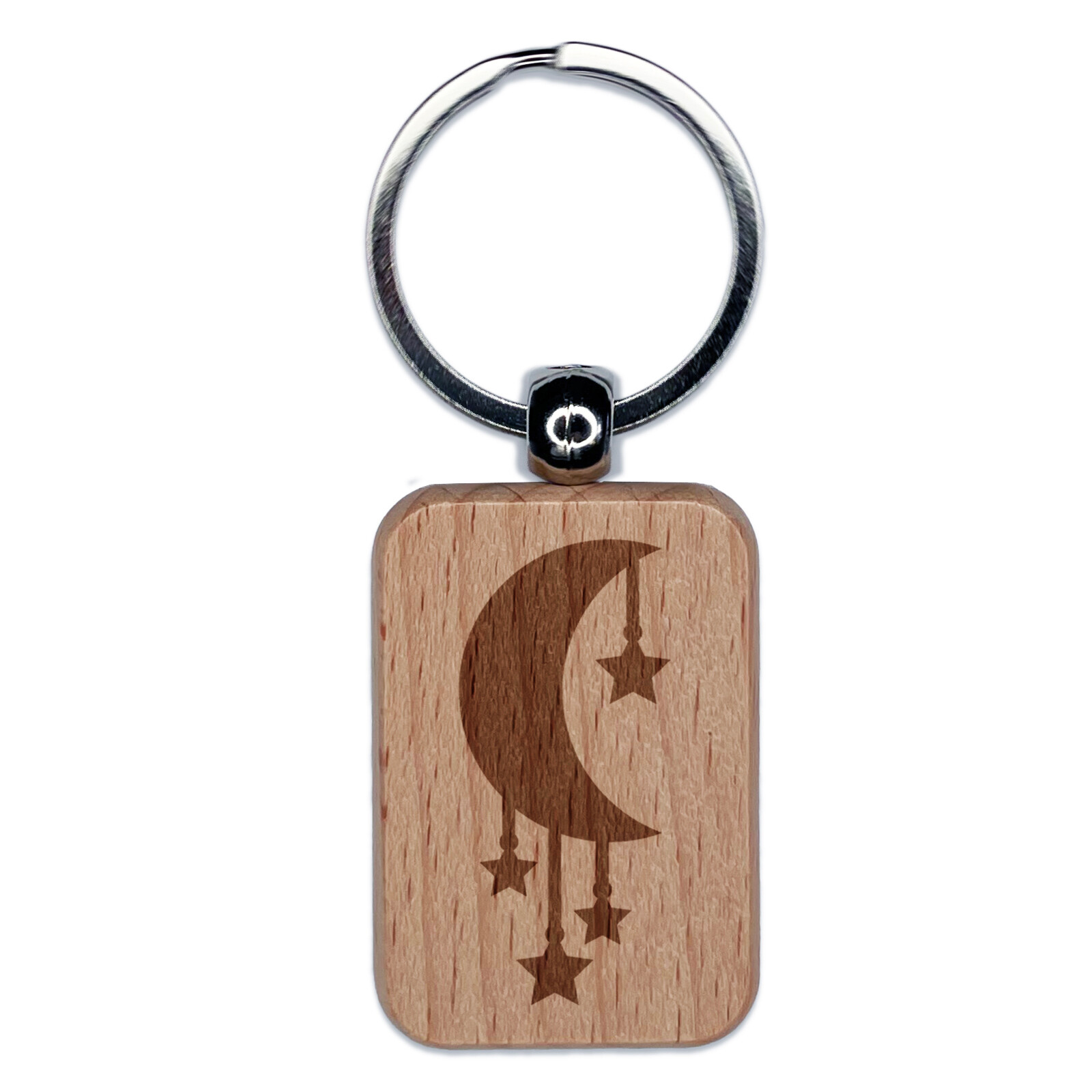 Moon with Hanging Stars Engraved Wood Rectangle Keychain Tag Charm