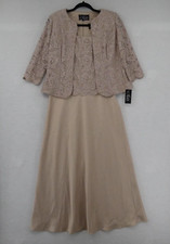 Alex Evenings Dress Womens 8 Petite Taupe Satin Lace Jacket Sleeveless Gown