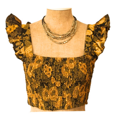 New KOURT Tala Floral Gold Brocade Ruffle Smocked Crop Top Size XS