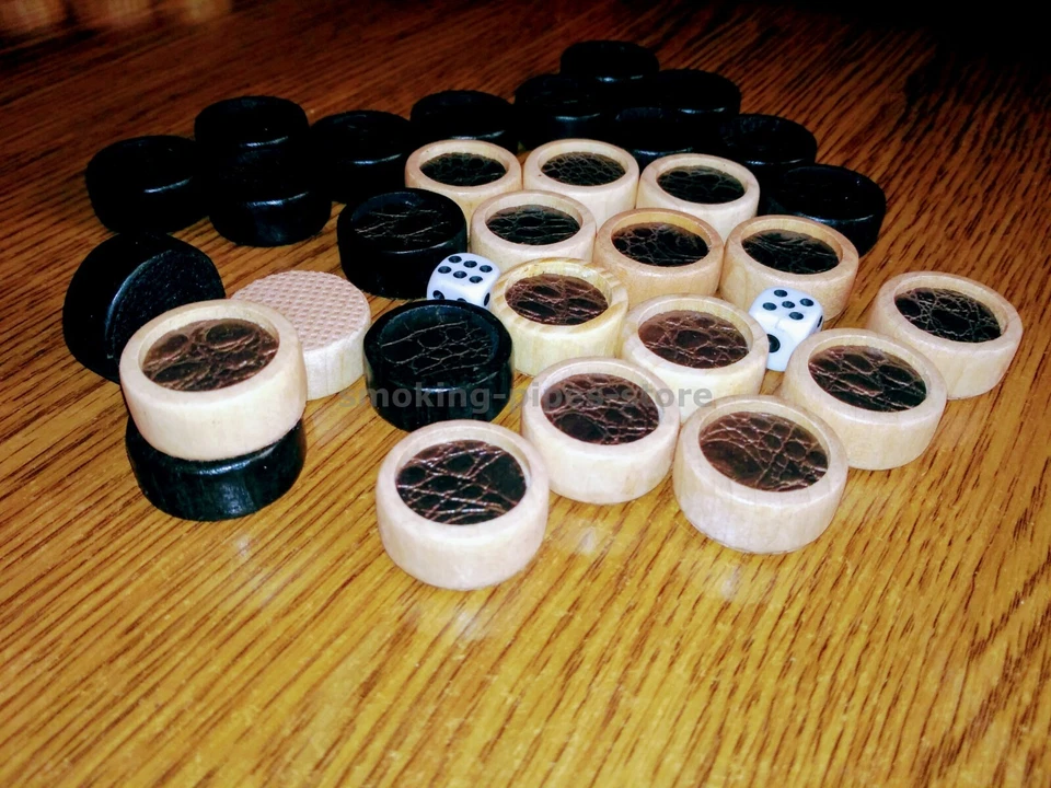 30 Handarbeit HOLZ Backgammon Steine Weiße und Dunkle Antik + 2 Würfel 27mm 1,1" - Bild 2 von 3