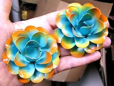 TWO Large metal rose flowers, for accents, embellishments, blue, green orange