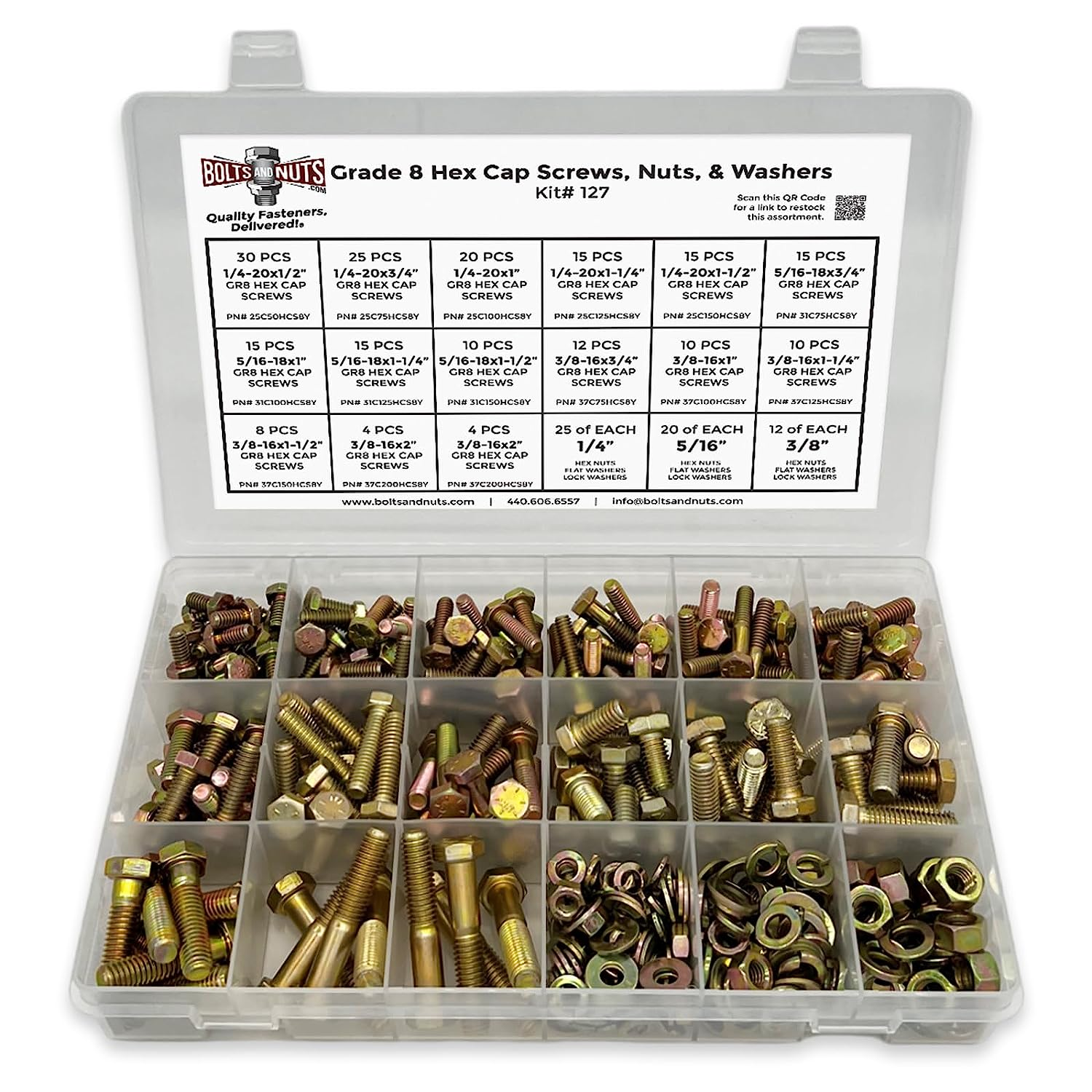 Grade 8 Hex Cap Bolts Screws, Nuts, Washers, Lock Washers Assortment Kit - 380