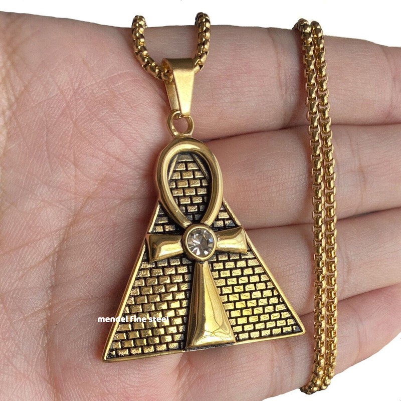 Mendel Mens Gold Plated Hip Hop Ankh Pyramid Pendant Necklace - Product main view