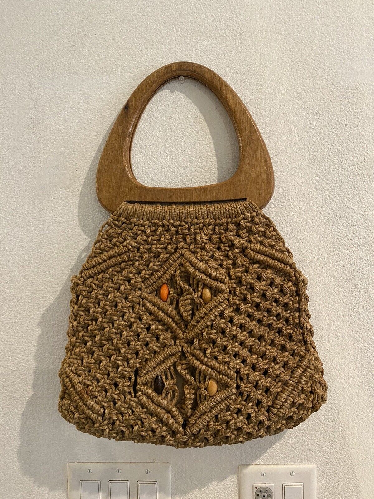 Vintage Large Macrame Crochet Woven Beaded - Wood… - image 1